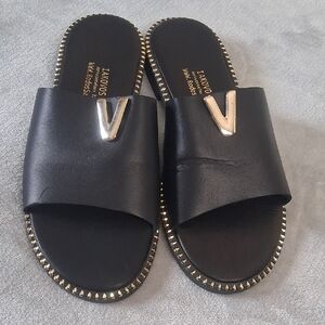 IAKOVOS Black Leather Sandals Handmade In Greece Gold Accents Women's Size 38